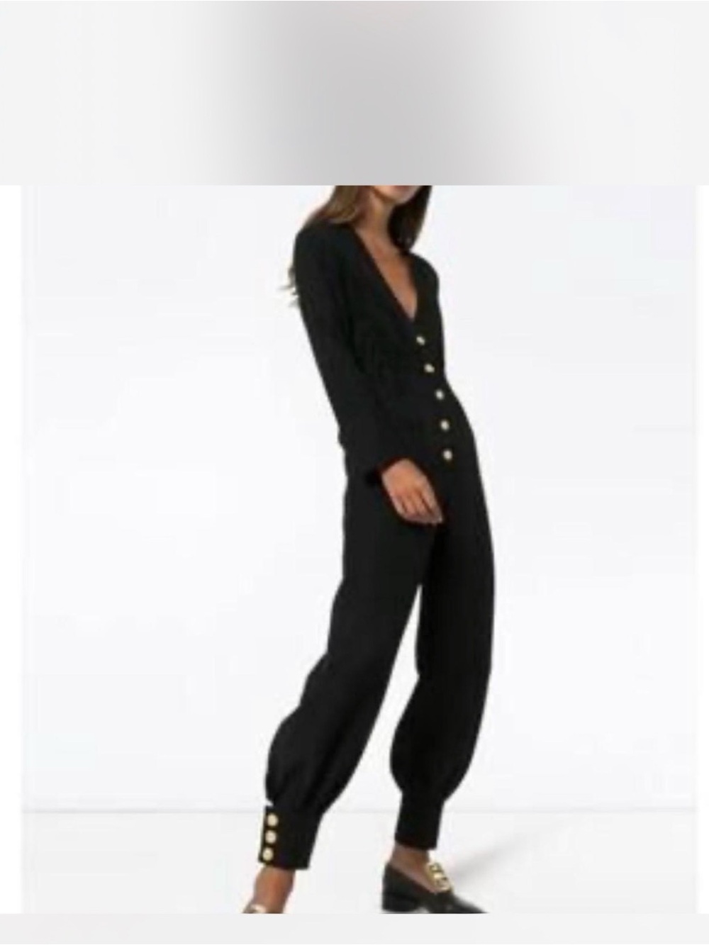 Authentic Gucci Black Long-Sleeve V-Neck Button Jumpsuit